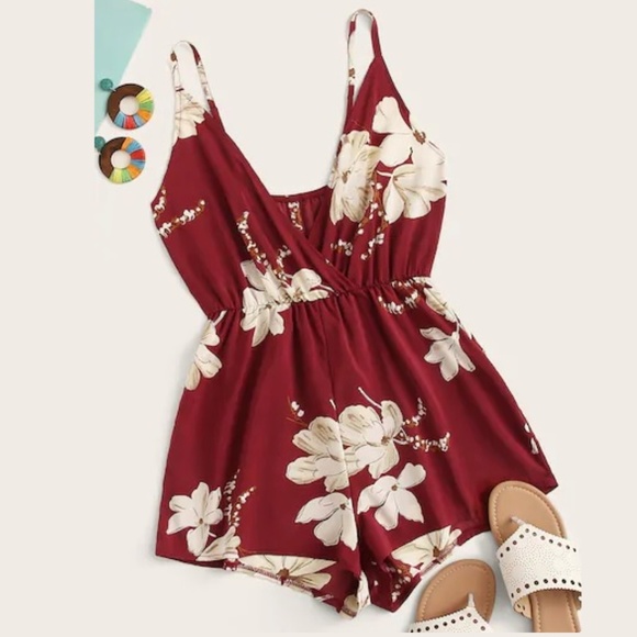 Pants - Floral print cami romper burgundy sleeveless